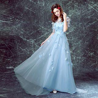 Applique-flower Mesh Evening Dress