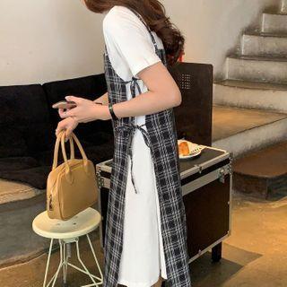 Set: Short-sleeve Dress + Spaghetti Strap Plaid Dress Set - Dress - White - One Size / Dress - Plaid - Black & White - One Size