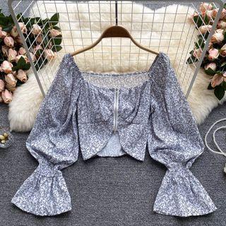 Square-neck Zip Floral Puff-sleeve Top