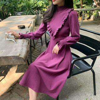 Mock-turtleneck Long-sleeve Ruffled Midi A-line Dress
