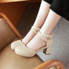 Faux-leather Double Buckled Low Heel Pumps