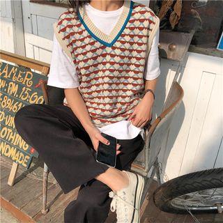V-neck Jacquard Knit Vest As Shown In Figure - One Size