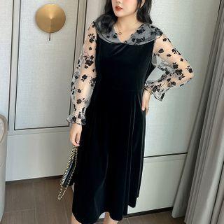 Puff-sleeve Floral Print Paneled Midi A-line Dress
