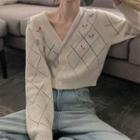 V-neck Embroidered Button-up Cropped Cardigan