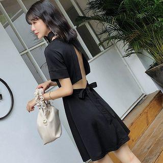 V-neck Short-sleeve Open-back Mini A-line Dress