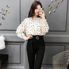 Set: Dotted Long-sleeve Top + High Waist Cropped Pants