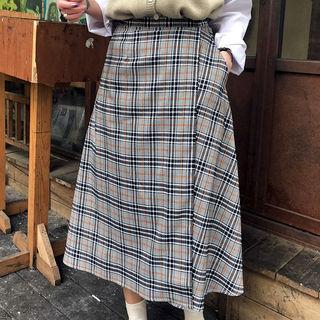 Wrap-front Plaid Long Skirt