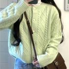 Long-sleeve Plain Cable Knit Cardigan Fruit Green - One Size