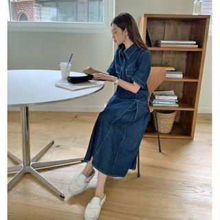 Stitch-trim Denim Shirtdress Dark Blue - One Size