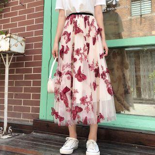 Butterfly Embroidered Mesh Midi A-line Skirt