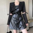 Details Tie-accent Crop Blazer / Faux-leather Sleeveless Mini Dress