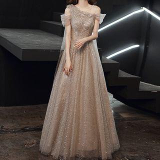 Cold Shoulder Mesh Panel Sequined Evening Gown