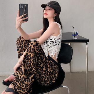 Open-knit Crop Tank Top / Leopard-print Wide-leg Pants