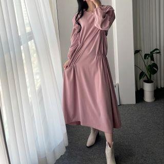 Puff Sleeve Plain Shirred Midi Dress