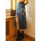Embroidered Deep-slit Long Denim Skirt