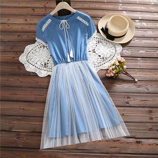 Mesh Panel Lace Trim Short-sleeve Dress