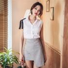 Set: Contrast Trim Sleeveless Shirt + Asymmetric Hem Mini Skirt