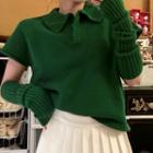 Short-sleeve Polo Collar Plain Knit Top With Knit Gloves With Knit Gloves - Green - One Size