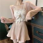 Long-sleeve Plain Light Cardigan / Drawstring Floral Frill Trim Camisole / High-waist Plain Pleated Skirt