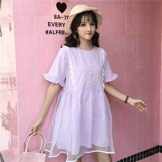 Elbow-sleeve Sheer Overlay Mini Dress