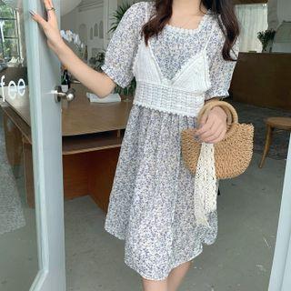 Set: Elbow-sleeve Floral A-line Dress + Camisole Top Dress - Floral - White - One Size / Camisole Top - White - One Size