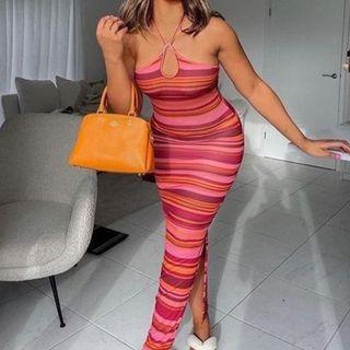 Halter-neck Striped Midi Bodycon Dress
