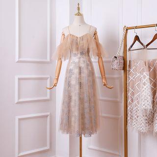 Elbow-sleeve Cold Shoulder Overlay Midi Dress