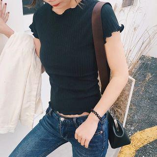 Plain Round Neck Frilled Short-sleeve Top