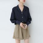 Contrast Stitching Blouse Navy Blue - One Size