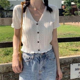 Button Short-sleeve V-neck Knit Top