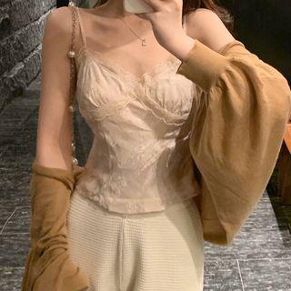 Spaghetti-strap Plain Slim Fit Lace Top / Plain Cardigan