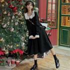 Long-sleeve Frill Trim A-line Midi Dress Black - One Size