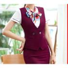 Short-sleeve Work Shirt / Pencil Skirt / Vest / Set