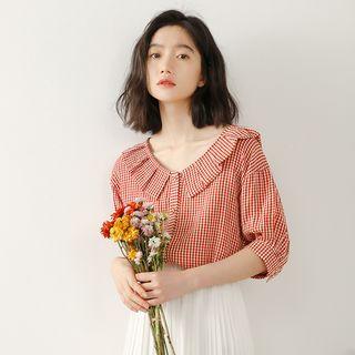 Plaid Elbow-sleeve Blouse Gingham - Red & White - One Size