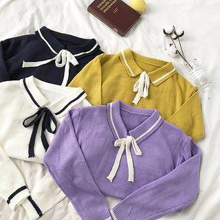 Color-block Ribbon Lace-up Long-sleeve Sweater