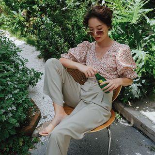 Short-sleeve Floral Print Blouse / Dress Pants / Set