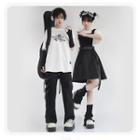 Elbow-sleeve Print T-shirt / Cargo Pants / Buckled Overall Dress