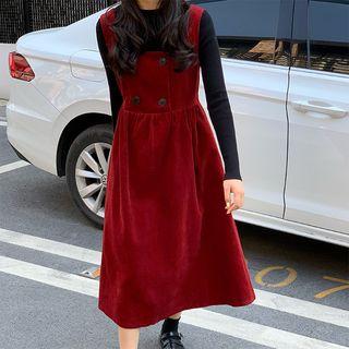 Corduroy Midi Pinafore Dress As Shown In Figure - One Size