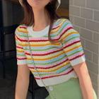 Striped Short-sleeve Knit Top Stripe - One Size