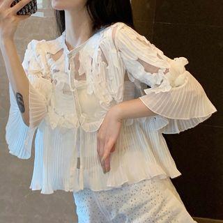 Bell-sleeve Pleated Mesh Top
