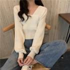 Puff-sleeve Ribbed Knit Sweater
