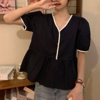 Short Sleeve V-neck Contrast Trim Peplum Blouse