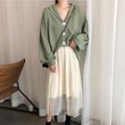 Plain V-neck Long-sleeve Loose-fit Blouse / Mesh Skirt