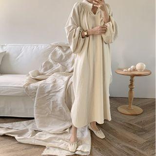 Balloon-sleeve Linen Maxi Dress