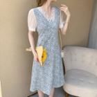 Puff Sleeve Lace Panel V-neck Floral Print A-line Dress