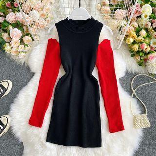 Color-block Cold-shoulder Slim-cut Knit Dress
