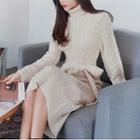 Long-sleeve Turtleneck Knit Midi Dress Beige - One Size
