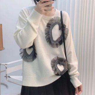 Mesh Trim Heart Sweater