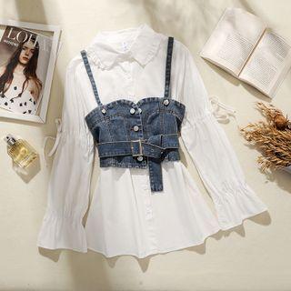 Denim Cropped Camisole Top / Frill Trim Shirt / Set