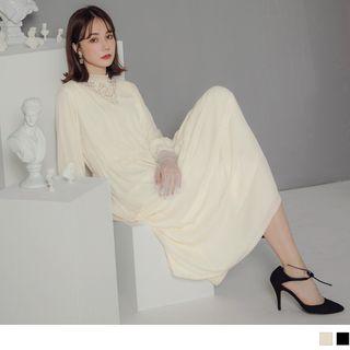 Mock Neck Lace Panel Layered Maxi Dress